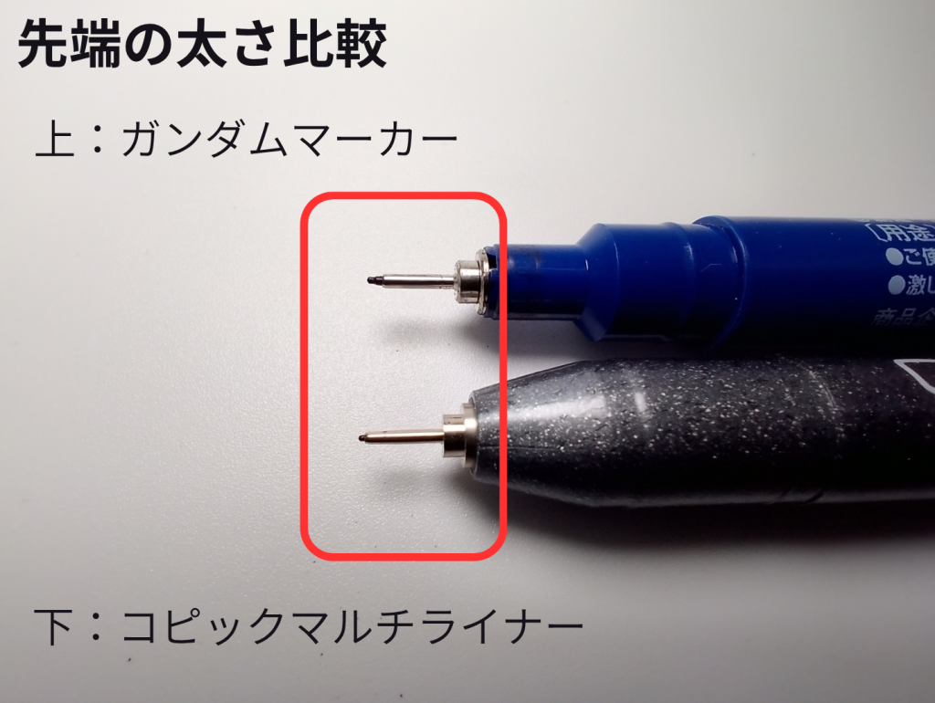 ガンダムマーカースミ入れ用極細とコピックマルチライナー0.03の先端太さを比較する画像